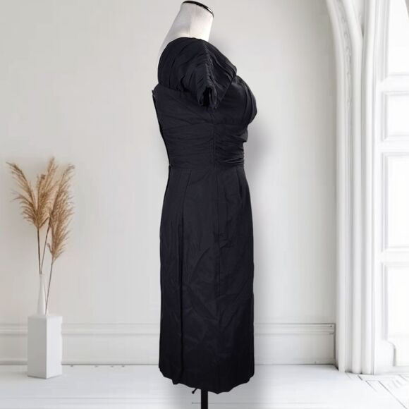 Vintage 50s Silk Midi Cocktail Dress Size 4 Black Ruched Empire Waist Bombshell - Picture 4 of 16